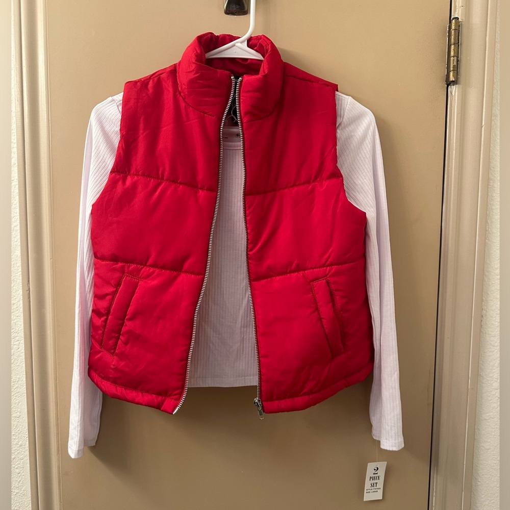 Red Puffer Vest/ white shirt set